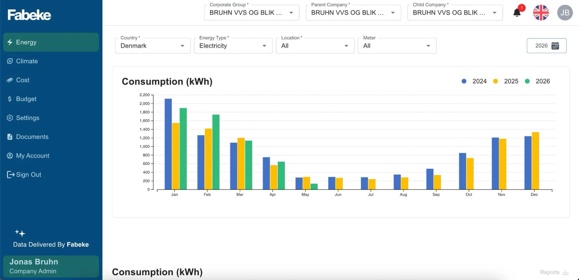Fabeke application showing an electricity consumption dashboard with corporate group, company, country, location and meter filters.